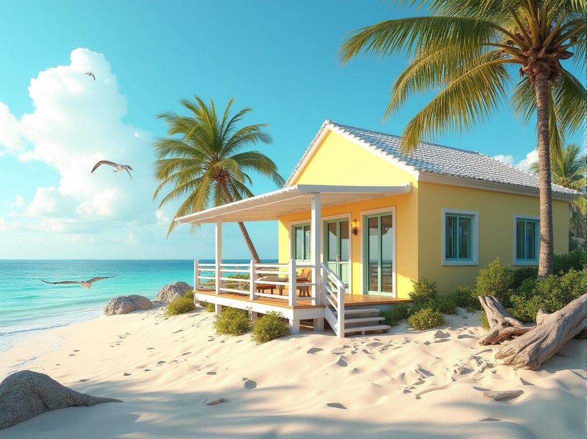 Prompt: Light yellow coastal house, Mediterranean style, bright sunshine, clear blue sky, gentle sea breeze, sandy beach, palm trees swaying, wooden deck, white railings, light yellow exterior walls, turquoise windows, ocean view, seagulls flying overhead, warm ambient lighting, soft focus, 3/4 composition, horizontal format, summer vibe, relaxing atmosphere, natural textures, driftwood accents.