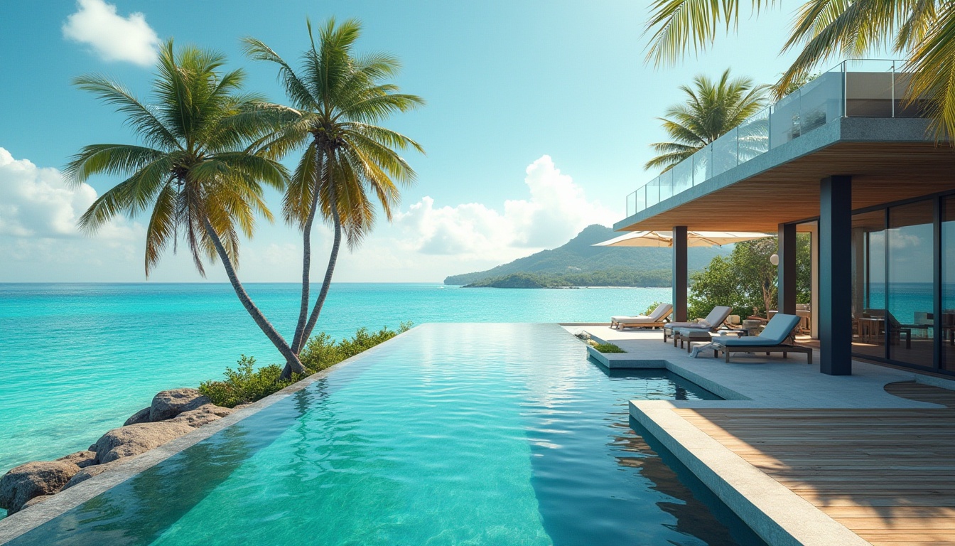 Prompt: Island, tropical, palm trees, crystal clear turquoise water, infinity pool, modern architecture, sleek lines, minimalist design, functional layout, integrated lounge area, built-in hot tub, sunken seating, glass fencing, steel frame, polished concrete floor, wooden decking, beach balls, floating chairs, ocean view, horizon line, sunny day, soft warm lighting, 3/4 composition.