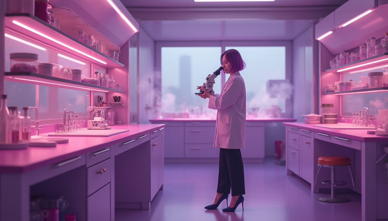 Prompt: Plum-colored laboratory, modern minimalist interior, elegant scientist, 30s, short plum-dyed hair, glasses, white lab coat, black trousers, heels, holding a microscope, standing near a plum-colored workbench, various scientific instruments, beakers, test tubes, petri dishes, warm softbox lighting, shallow depth of field, blurred background, slight steam, futuristic ambiance.