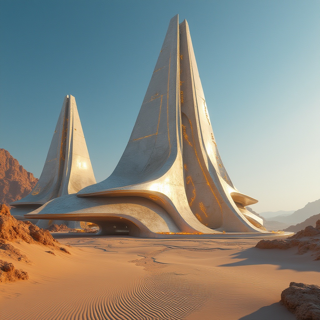 Prompt: Desert monuments, futuristic architecture, innovative design, ancient Egyptian-inspired, sleek metallic structures, intricate hieroglyphic patterns, glowing neon lights, sandy dunes, clear blue sky, vast open spaces, abstract shapes, monumental scales, majestic, mysterious, atmospheric perspective, warm sunlight, cinematic composition, 3/4 view.