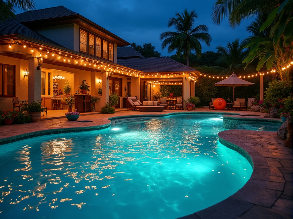 Prompt: Luxurious backyard, poolside, nighttime, warm ambient light, string lights, LED lights underwater, sparkling water, ripples on the surface, few people relaxing, lounge chairs, beach balls, inflatables, tropical plants, palm trees, colorful flowers, stone pavement, stairs leading to the pool, waterfall feature, Jacuzzi, outdoor speakers, soft music, cocktail glasses, ice buckets, summer vibes, warm lighting, 3/4 composition, shallow depth of field.