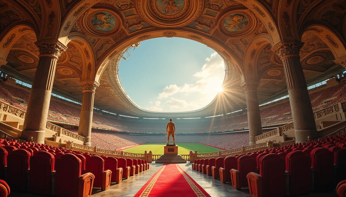 Prompt: Renaissance style football stadium, grandeur architecture, ornate stone carvings, intricate fresco ceiling, Baroque-inspired columns, majestic archways, golden accents, luxurious velvet seats, ornamental iron railings, regal red carpet, grand staircase, imposing statue of a legendary player, afternoon sun casting dramatic shadows, warm golden light illuminating the stadium's interior, low-angle shot capturing the stadium's grandeur, 3/4 composition emphasizing the architecture.