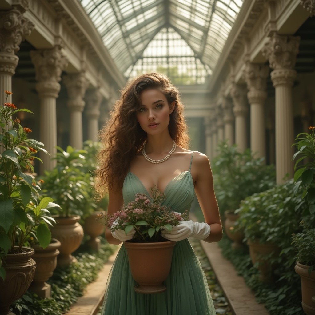 Prompt: Elegant lady, neoclassical style, 25yo, curly brown hair, pearl necklace, white gloves, flowing green dress, delicate fingers holding a flower pot, standing amidst lush greenery, ornate iron structure, grandiose glass ceiling, intricate stone carvings, natural light pouring in, warm atmosphere, soft focus, shallow depth of field, Renaissance-inspired architecture, serene ambiance, 3/4 composition, warm color palette.