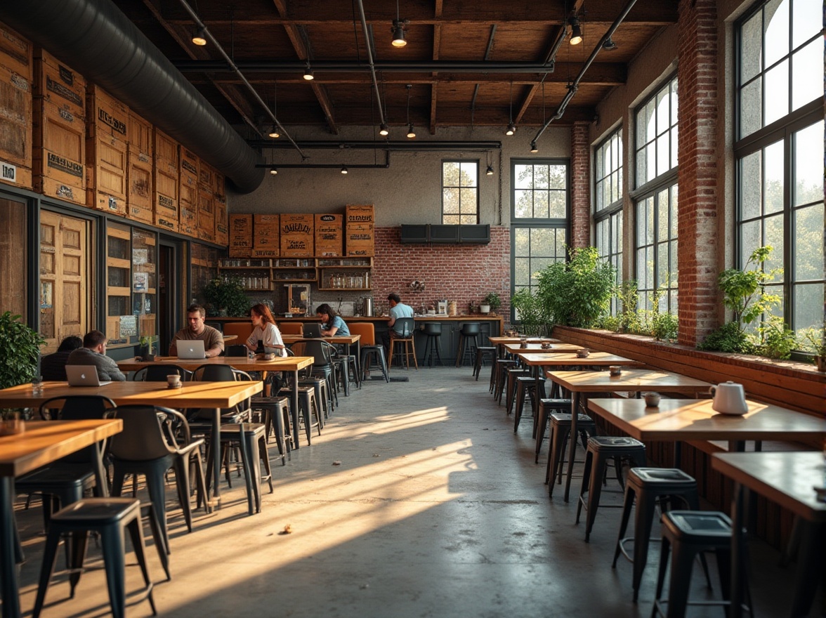 Prompt: Functional spaces, industrial areas, converted warehouse, trendy cafe, wooden crates, metal beams, exposed brick walls, modern minimalist decor, sleek lines, urban atmosphere, afternoon sunlight, warm lighting, hipster patrons, laptops open, coffee cups, 3/4 composition, shallow depth of field, blurred background, vibrant colors, contrasting textures, rough concrete floor, polished wood tables, metallic chairs, greenery, industrial-chic ambiance.