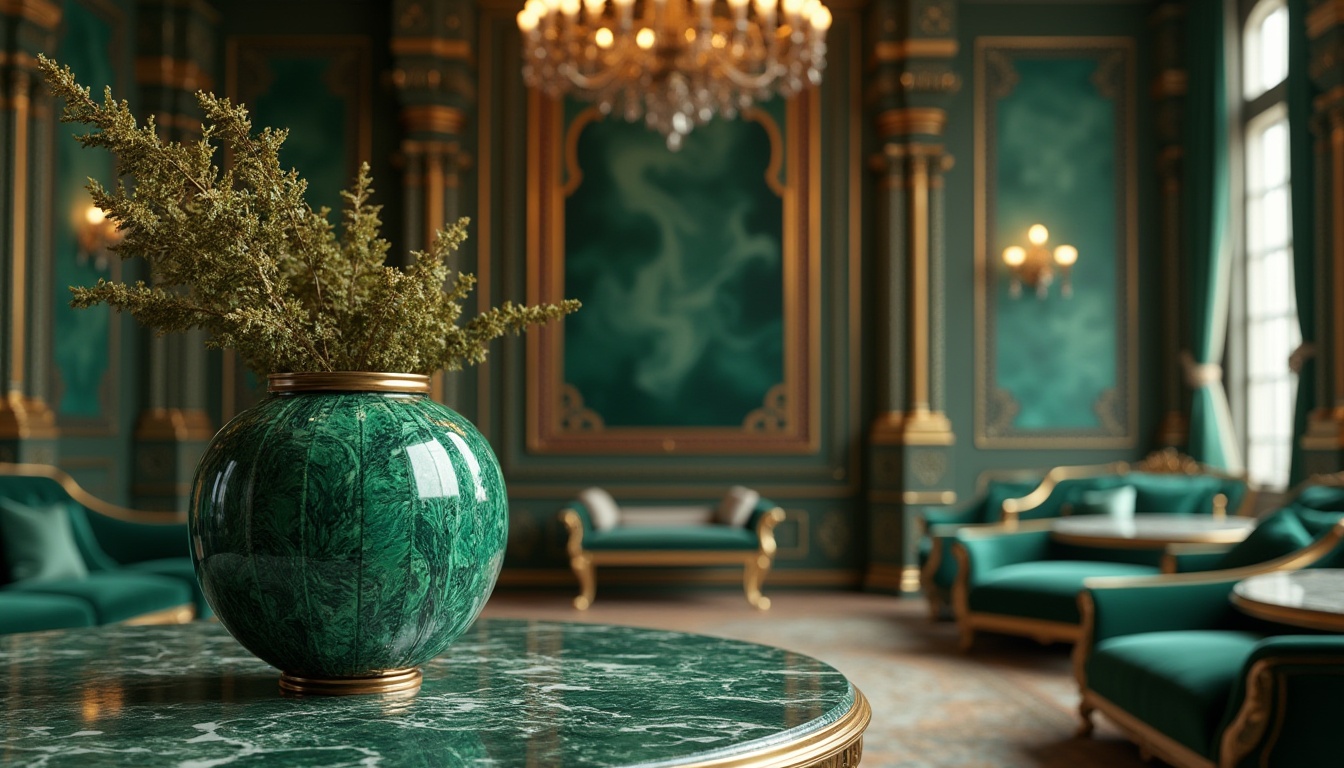 Prompt: Malachite-inspired design, ornate vase, luxurious interior, lavish furniture, emerald green, banded patterns, copper accents, metallic sheen, intricate details, ornamental frames, velvet upholstery, marble tabletops, grand chandelier, opulent curtains, regal ambiance, 3/4 composition, warm golden lighting, shallow depth of field, cinematic rendering.