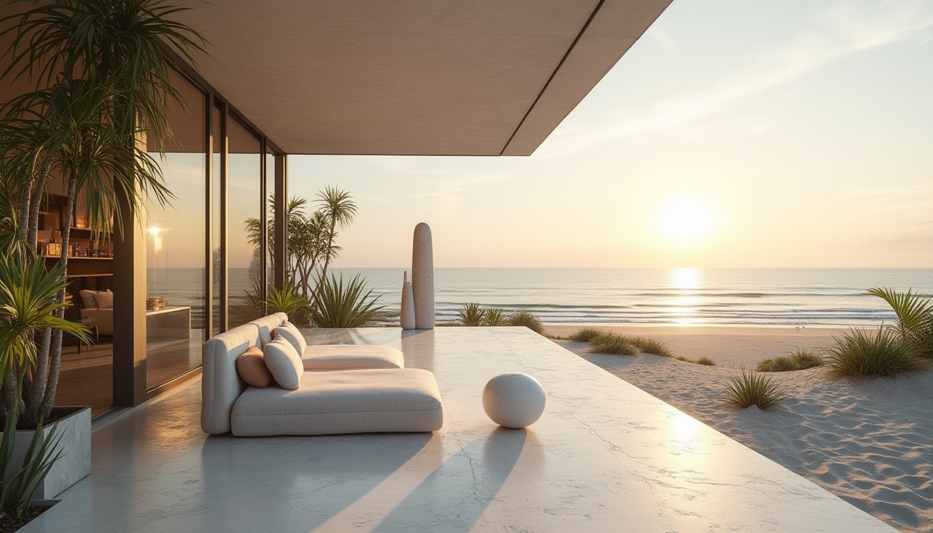 Prompt: Modern beachside villa, luxurious, minimalist, sleek lines, glass walls, steel frames, white concrete floors, tropical plants, palm trees, ocean views, sunrise, golden lighting, calm waves, sandy dunes, modern art sculptures, abstract decorations, pastel-colored furniture, linen fabrics, natural textures, 3/4 composition, low-angle shot, warm and soft ambient light, shallow depth of field.