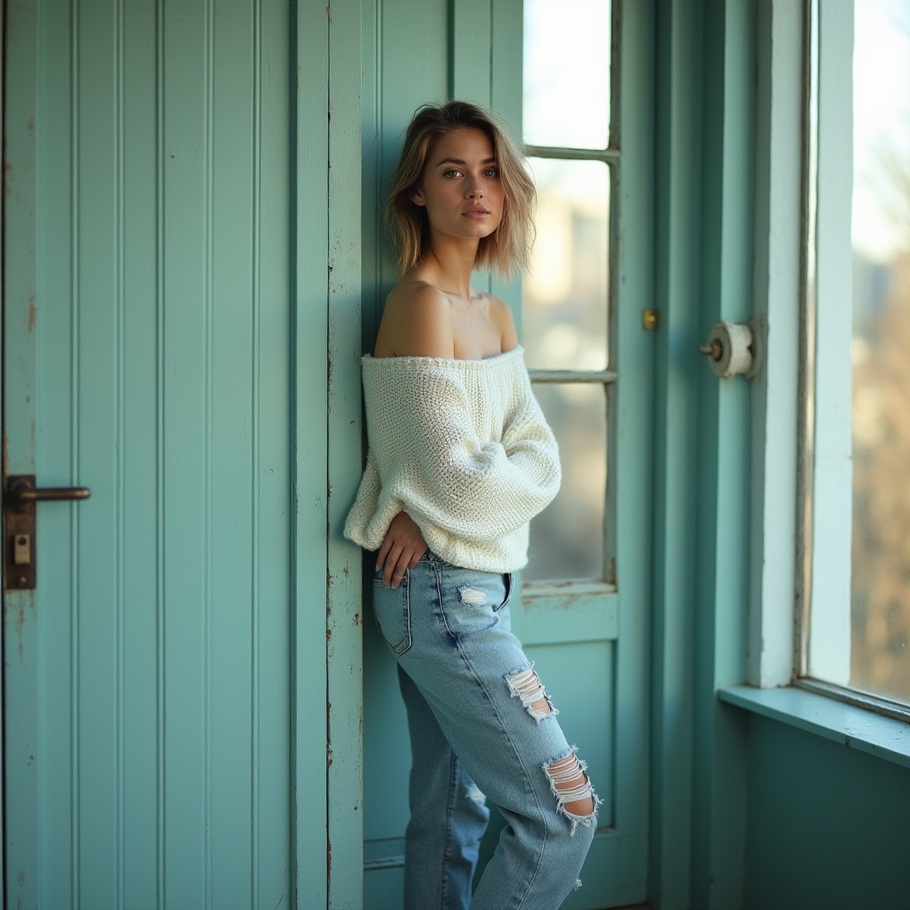 Prompt: Teal accent wall, modern minimalist interior, Scandinavian style, solo female, 25yo, casual pose, ripped boyfriend jeans, white loose knit sweater, messy bob haircut, subtle teal eyeshadow, natural makeup, standing, one leg bent, leaning against a teal painted wooden door, industrial-chic metal handle, concrete floor, large windows, cityscape view, warm afternoon sunlight, shallow depth of field, pastel color palette, soft focus, 3/4 composition.