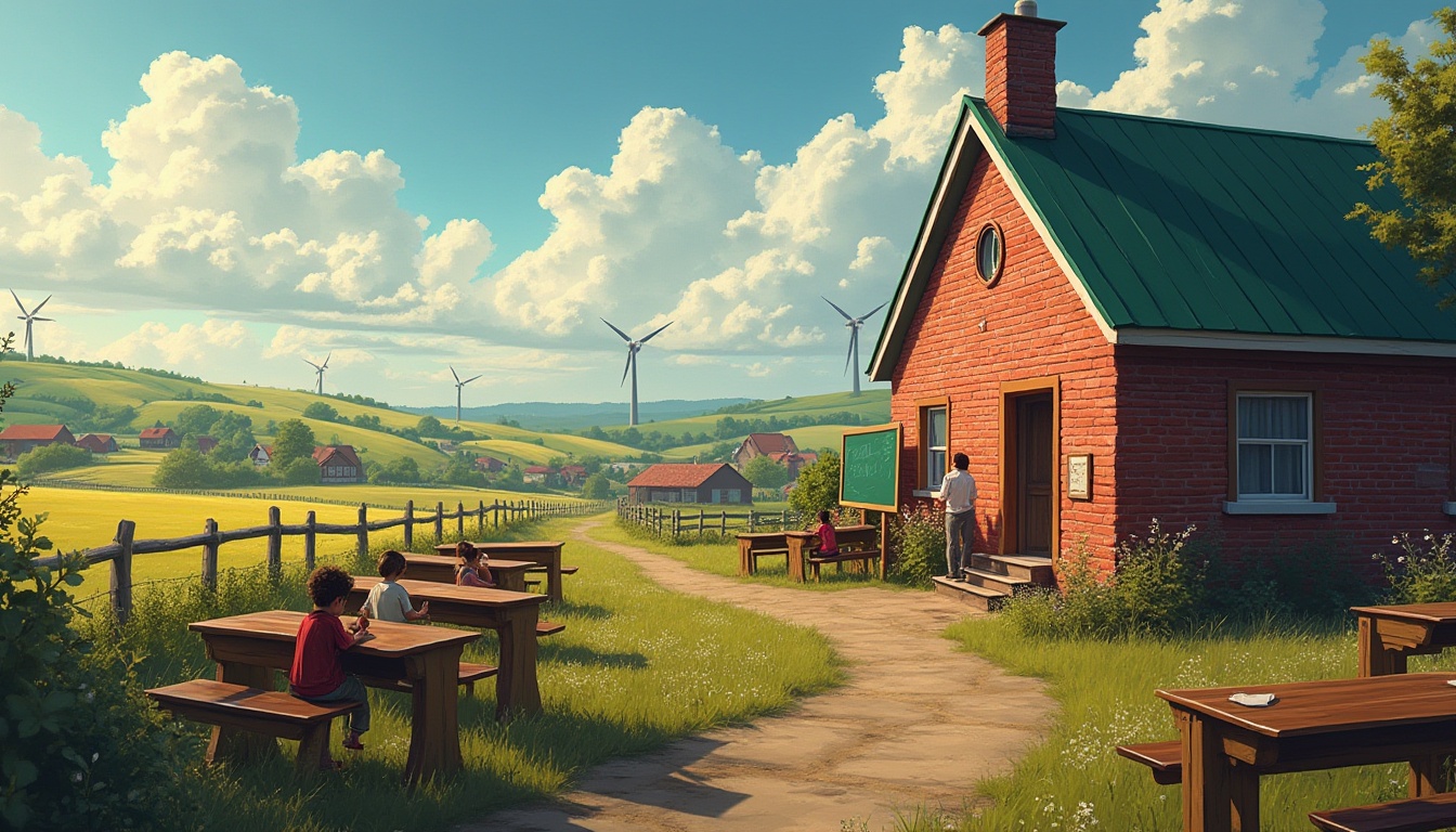 Prompt: Rural school, farmland setting, red brick building, green roof, large windows, wooden desks, chalkboard, teacher standing, students sitting, countryside view, rolling hills, green fields, farmhouses nearby, windmills in distance, clear blue sky, fluffy white clouds, afternoon sunlight, warm and cozy atmosphere, natural materials, earthy tones, 3/4 composition, soft focus, ambient lighting.