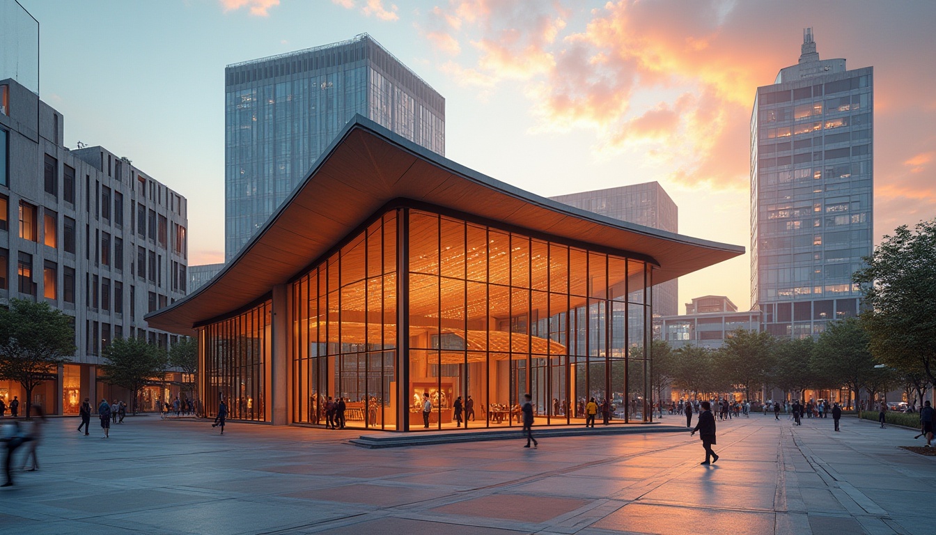 Prompt: Futuristic pavilion, Bauhaus style, minimalist architecture, geometric shapes, clean lines, bold colors, steel frame structure, glass walls, triangular roof, modern urban setting, city square, sunset time, warm lighting, people walking by, 3/4 composition, close-up of metal joints, soft focus on surrounding buildings, vibrant color contrast, abstract background.