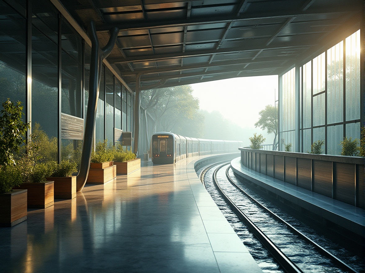 Prompt: Modern metro station, integrating riverbank views, large glass windows, natural light pouring in, sleek metal beams, wooden accents, greenery walls, riverside scenery visible from platforms, calm atmosphere, morning commute, few passengers, gentle river flow sound effects, subtle mist, misty lighting, panoramic view of the river, 3/4 composition, cinematic atmosphere, urban landscape, futuristic architecture, silver and glass materials, soft focus, shallow depth of field.