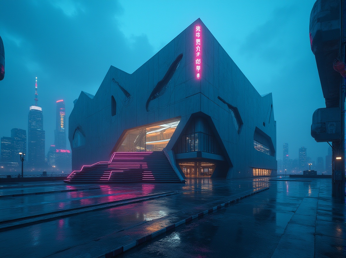 Prompt: Experimental cinema building, futuristic design, sleek metallic structure, neon lights, abstract geometric shapes, irregular angles, floating stairs, holographic projections, immersive atmosphere, dark blue ambient lighting, cinematic composition, low-angle shot, wide-angle lens, shallow depth of field, futuristic cityscape, metropolitan skyline, evening time, misty weather.