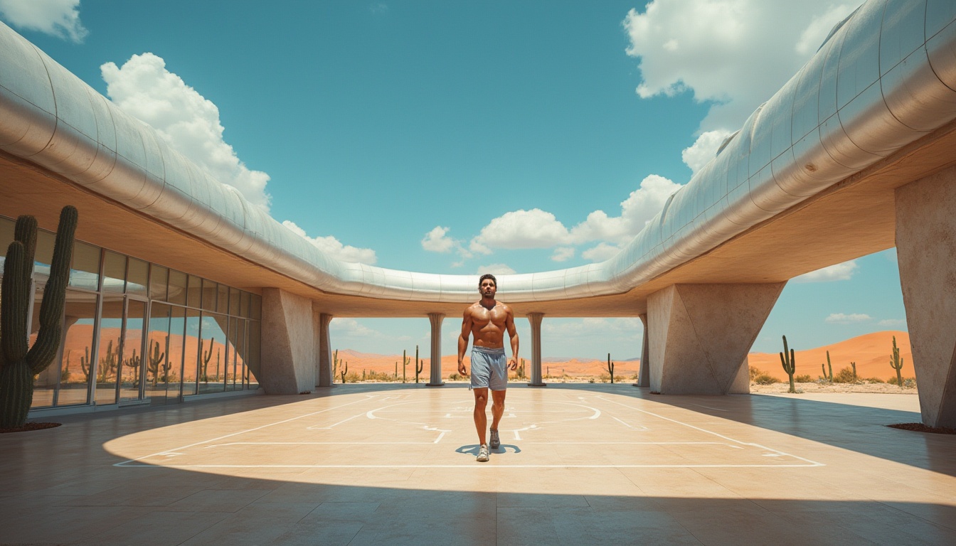 Prompt: Desert modern gymnasium, futuristic architecture, vast sand dunes, cacti, blue skies, harsh sunlight, strong shadows, angular lines, metallic materials, glass walls, open spaces, minimal decor, industrial lights, basketball court, tennis court, running tracks, exercise equipment, muscular man, sporty outfit, sweat droplets, intense facial expression, dramatic lighting, low-angle shot, 3/4 composition, vibrant colors.