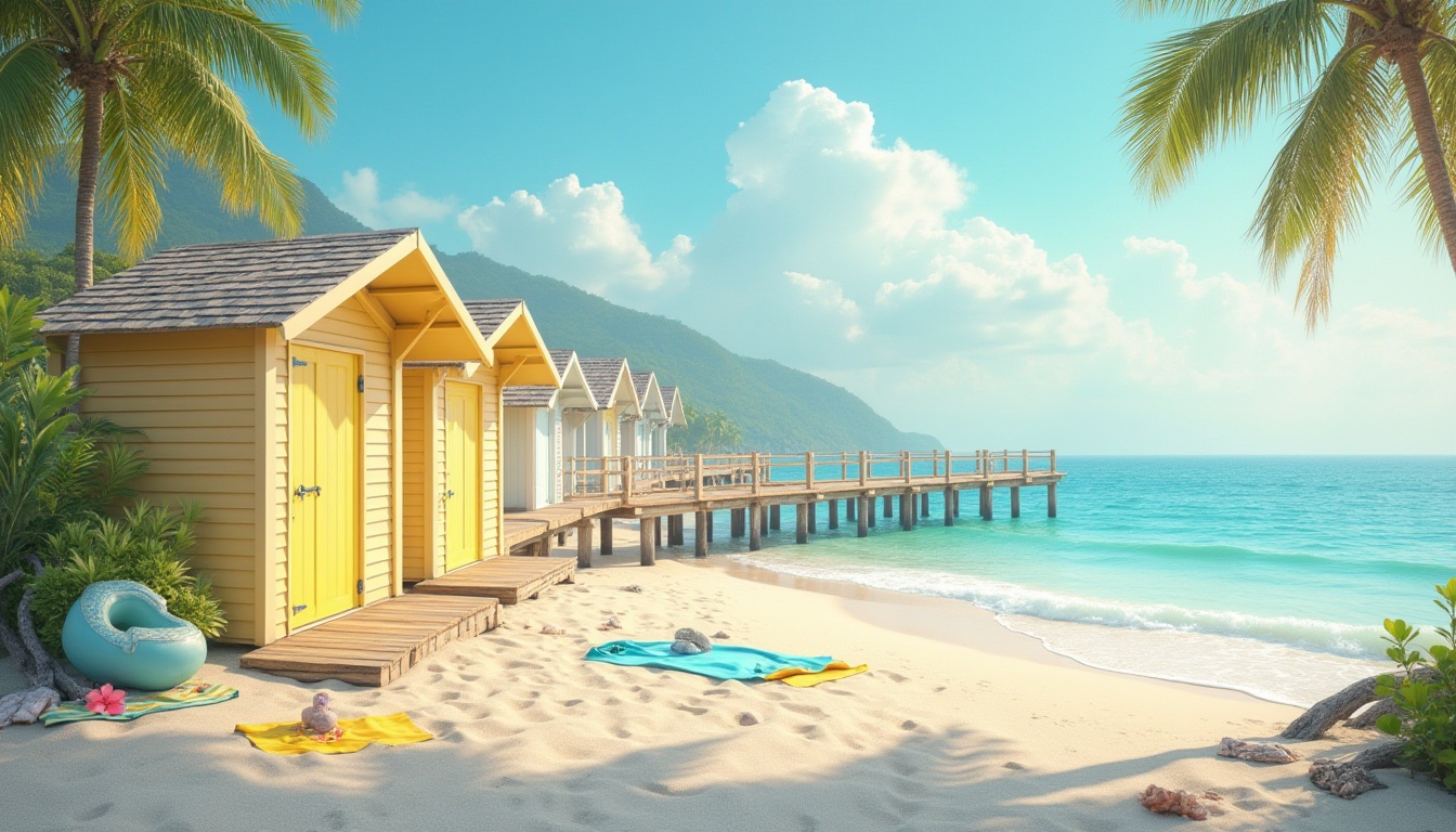 Prompt: Coastal scenery, serene atmosphere, light yellow tone, pastel colored beach huts, wooden pier, gentle waves, soft sandy dunes, seashells scattered, beach towels and inflatables in light yellow and blue hues, sunny day with few white clouds, warm ambient lighting, 3/4 composition, shallow depth of field, relaxed mood, vacation vibe, tropical plants like palm trees and hibiscus flowers, driftwood and nautical ropes, calm turquoise ocean water.