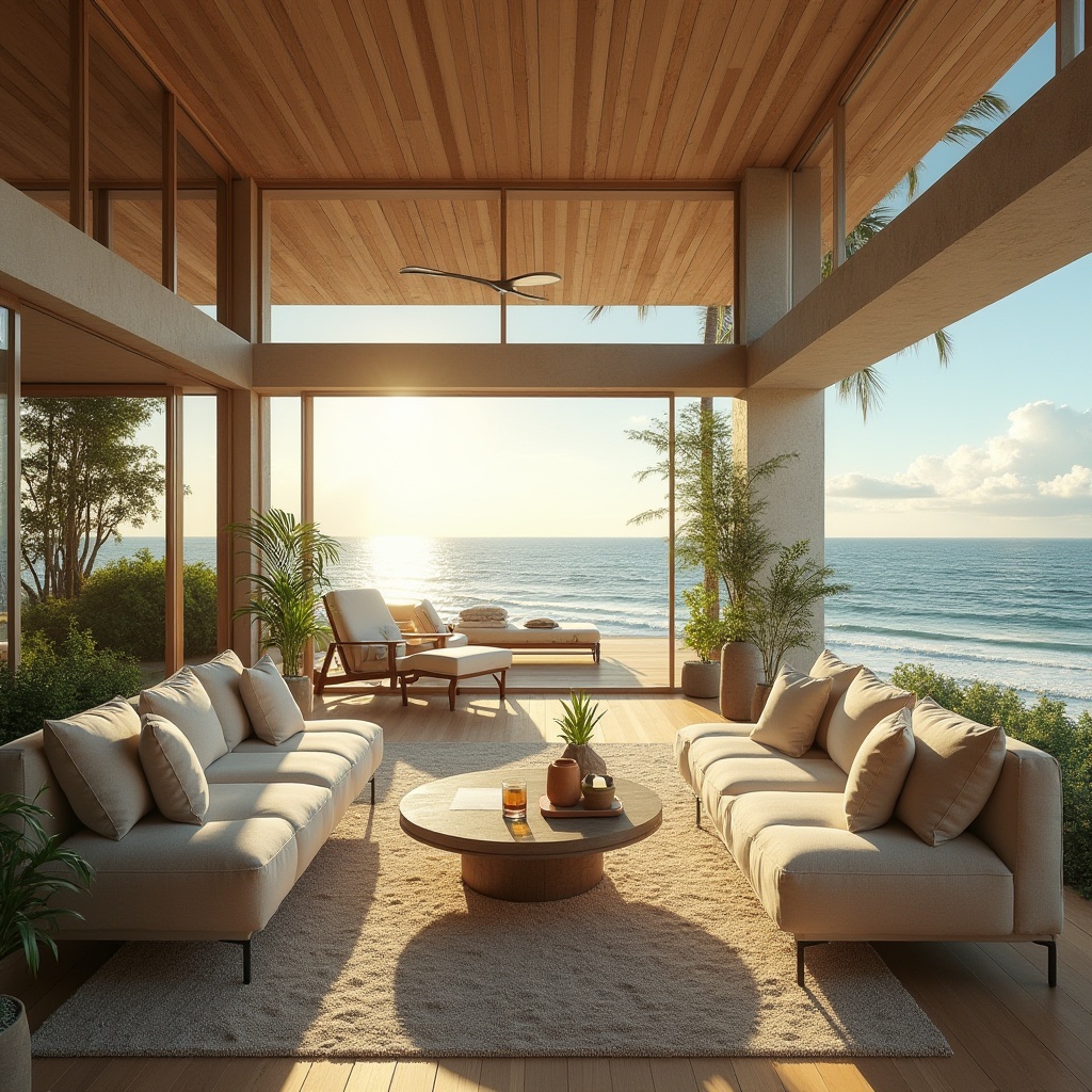 Prompt: Beachside villa, modern minimalist, eco-friendly, large windows, solar panels, green roof, recycled wood, low-carbon concrete, energy-efficient appliances, beachy furniture, natural fabric upholstery, plants on balcony, ocean view, sunrise, soft warm light, gentle sea breeze, sounds of waves, tranquil atmosphere, panoramic view, 3/4 composition, shallow depth of field.