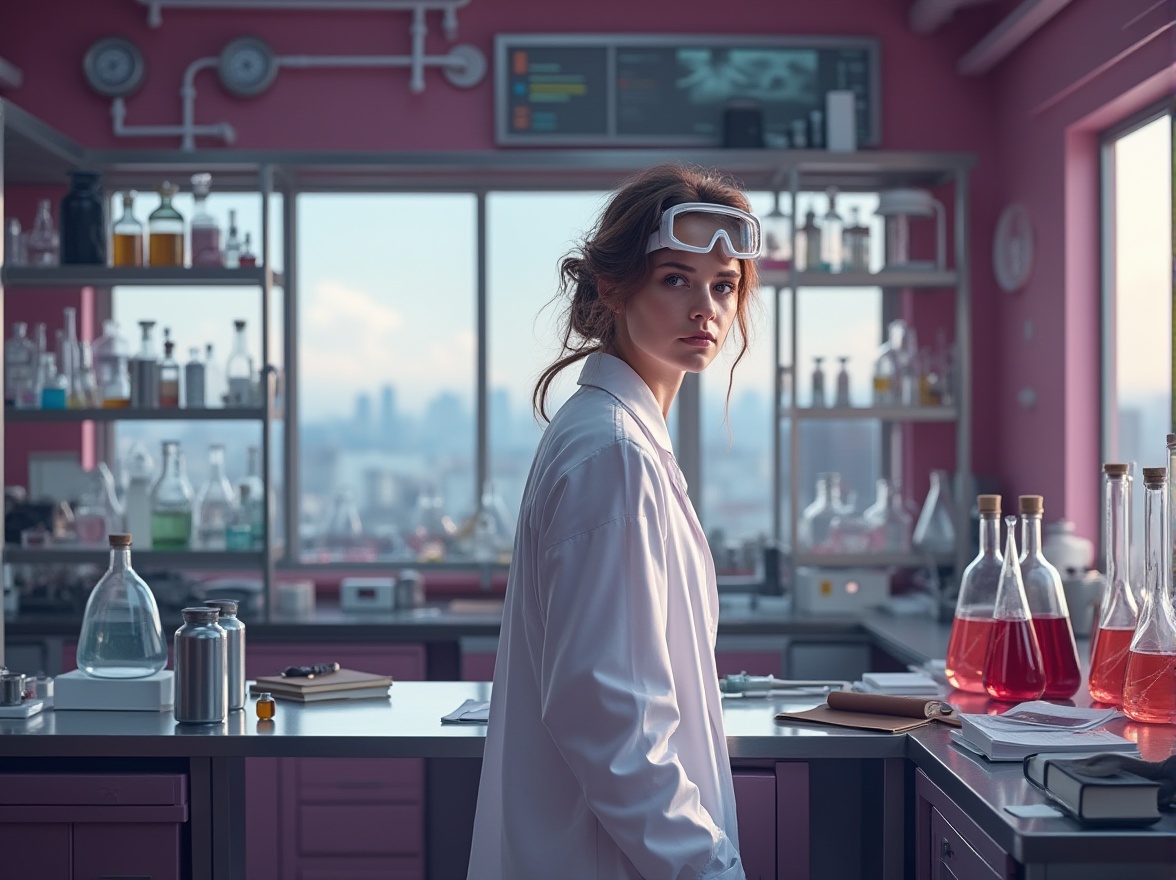 Prompt: Modern laboratory, plum color accents, futuristic equipment, glass beakers, metal shelves, scientist in white coat, goggles on forehead, messy brown hair, minimal makeup, holding pipette, standing near fume hood, cityscape outside window, afternoon lighting, shallow depth of field, softbox lighting, 3/4 composition, plum-colored walls, metallic countertops, leather-bound notebooks, various laboratory tools.