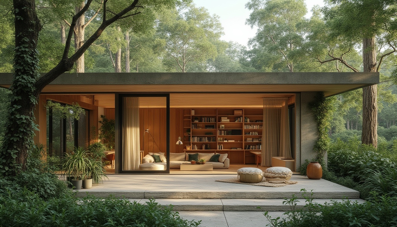 Prompt: Minimalist villa, surrounded by lush greenery, modern architecture blending with nature, large windows, sliding glass doors, natural stone walls, wooden accents, simplicity emphasized, serene atmosphere, forest surroundings, tall trees towering above, vines crawling up the walls, soft diffused lighting, warm beige tones, cozy reading nook, floor-to-ceiling bookshelves, comfortable seating area, potted plants scattered throughout, nature-inspired decorative pieces, earthy color palette, organic shapes, subtle textures, peaceful ambiance.