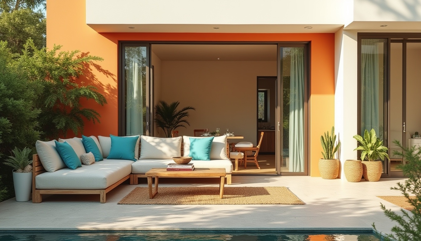 Prompt: Beach modernism, coastal villa, exterior, tangerine accent wall, white stucco, large windows, sliding glass doors, outdoor lounge area, comfortable sectional sofa, turquoise throw pillows, natural fiber rug, reclaimed wood coffee table, woven rattan planters, lush greenery, beachy foliage, sunny afternoon, soft warm lighting, 3/4 composition.