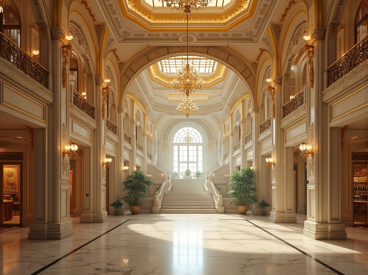 Prompt: Luxurious shopping center, Art Nouveau style, grand entrance, marble material, intricate patterns, ornate details, golden accents, high ceiling, majestic staircase, elegant chandeliers, refined atmosphere, sophisticated ambiance, daytime, soft natural light, warm color palette, 3/4 composition, panoramic view, depth of field, realistic texture, highly detailed architecture.