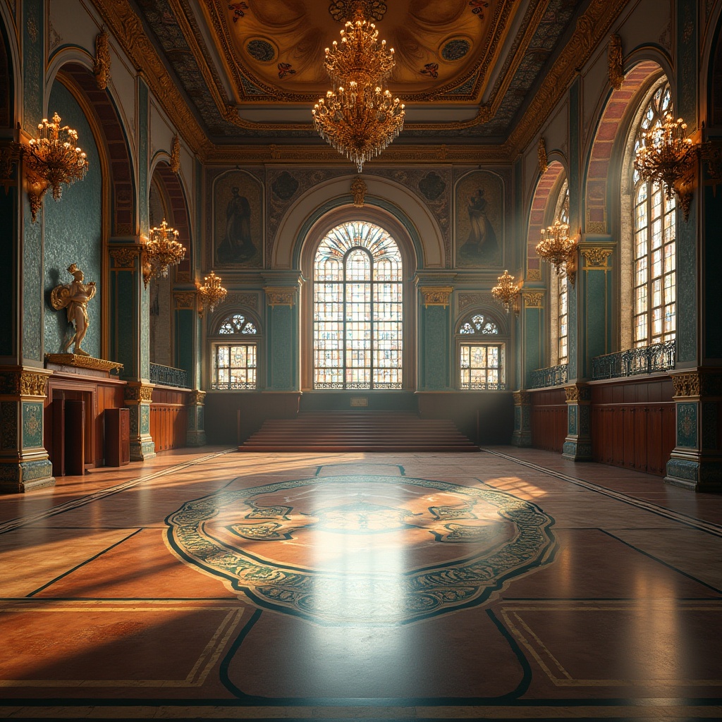 Prompt: Byzantine style gymnasium, grandeur architecture, ornate columns, mosaic floors, high ceilings, large stained glass windows, intricate glass mosaics, colorful frescoes, ornate chandeliers, luxurious locker rooms, marble benches, polished wooden flooring, athletic tracks, sports equipment, spotlights, dramatic shadows, warm ambient lighting, 3/4 composition, low-angle shot.