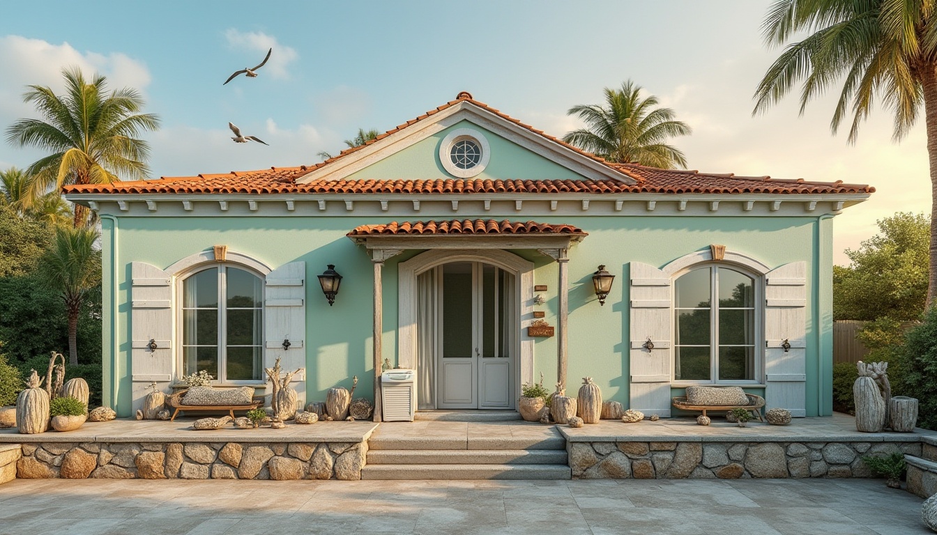 Prompt: Coastal villa, pale green exterior walls, Mediterranean style, large windows, white wooden shutters, clay tile roof, palm trees, beachside, sunset time, warm golden light, gentle ocean breeze, seagulls flying overhead, driftwood decorations, natural textures, weathered stone foundation, rustic metal door handles, soft ambient lighting, 3/4 composition, panoramic view.