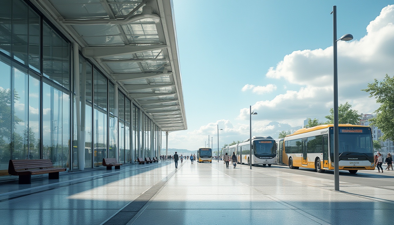 Prompt: Modern bus station, futuristic architecture, large windows, sleek lines, fibreglass roofing, translucent panels, natural light pouring in, bright interior, minimalistic benches, steel frames, urban atmosphere, daytime, clear sky, clouds drifting by, people walking briskly, buses arriving and departing, busy city sounds, shallow depth of field, vibrant colors, high contrast, cinematic lighting.