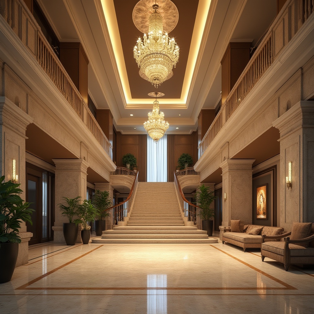 Prompt: Luxurious hotel lobby, grand staircase, limestone walls, marble floors, elegant chandelier, warm ambient lighting, spacious high ceiling, ornate columns, comfortable couches, potted plants, natural stone textures, luxurious fabrics, 3/4 composition, soft focus, warm color tone, cinematic atmosphere, realistic rendering.