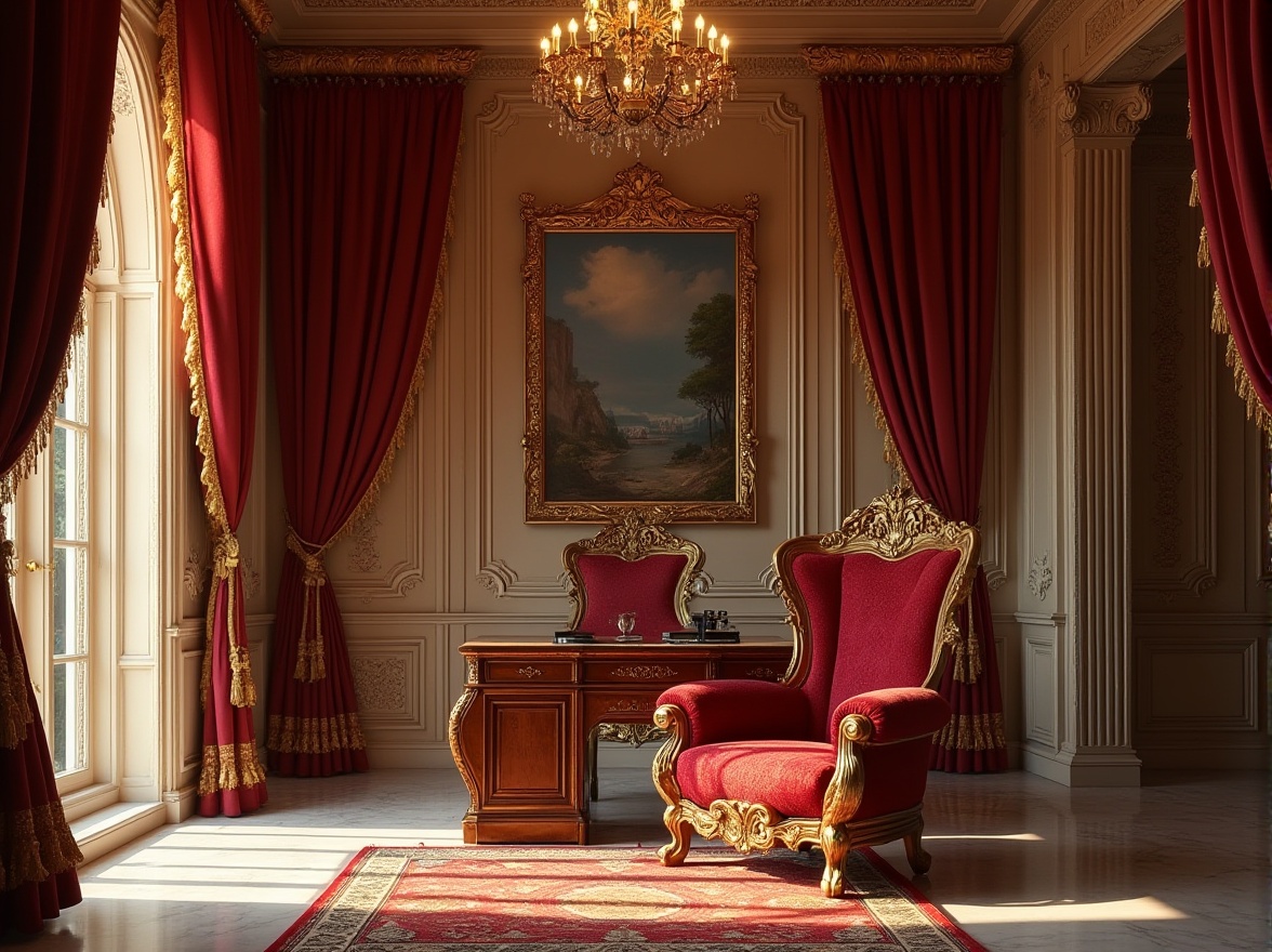 Prompt: Luxurious interior, elegant banker's office, ornate Baroque style fabrics, rich velvet drapes, golden tassel trimming, intricate embroidery, majestic throne-like chair, carved wooden legs, crimson red upholstery, regal atmosphere, Renaissance-inspired patterns, lavish silk curtains, grand chandelier, dim soft lighting, warm beige walls, polished marble floor, ancient Greek columns, ornate gold frames, 17th-century European ambiance.