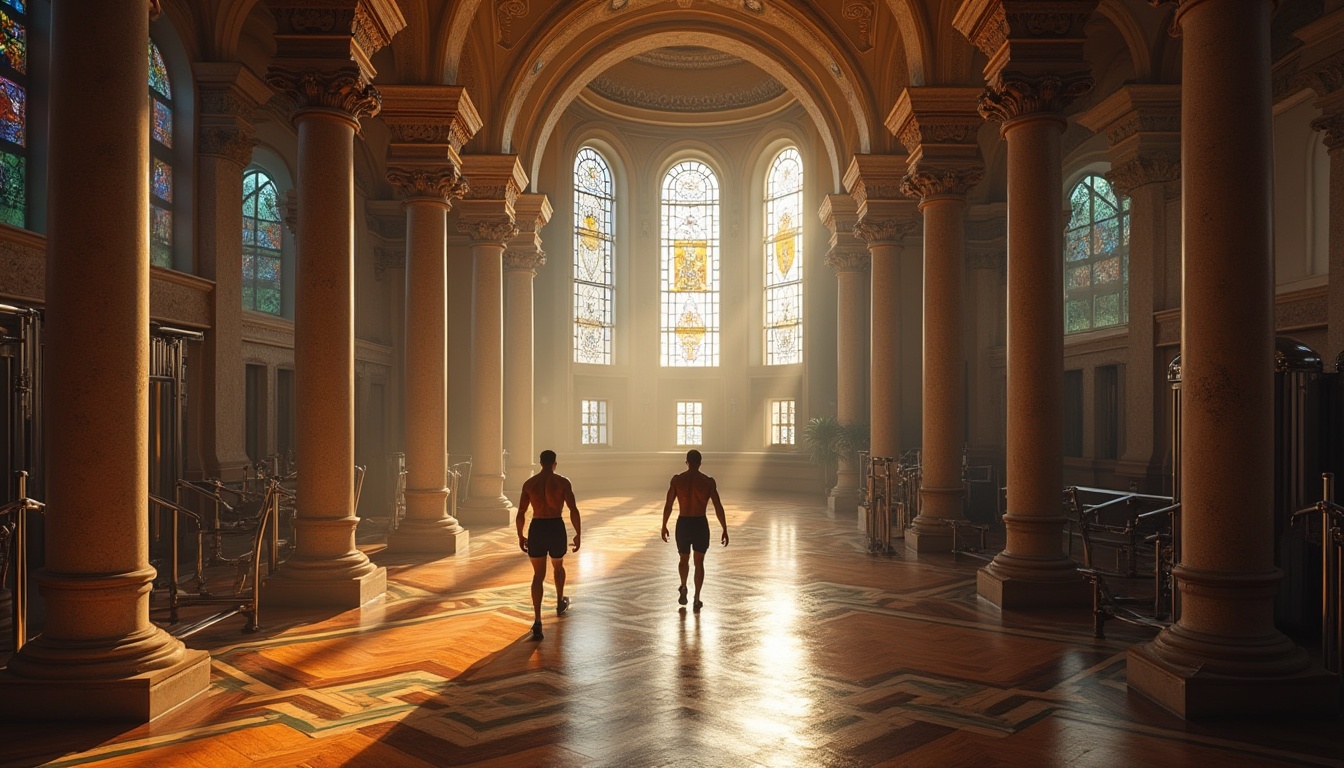 Prompt: Byzantine style gymnasium, grandiose architecture, intricate stone carvings, ornate columns, stained glass windows, iridescent glass mosaics, gleaming chrome fitness equipment, polished wooden floors, athletes in motion, sweat dripping, intense facial expressions, spotlights shining down, warm color tones, dramatic shadows, high-angle shot, symmetrical composition, ancient meets modern fusion, luxurious atmosphere, morning light streaming through stained glass.