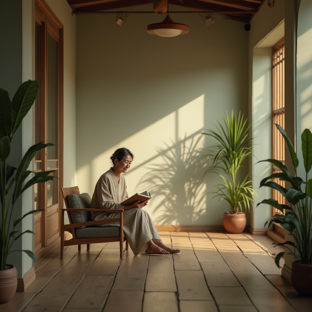 Prompt: Cultural center, Celadon color scheme, calm atmosphere, natural light, wooden floor, minimal decorations, elegant architecture, subtle texture, soft shadows, gentle curves, subtle patterns, ambient lighting, panoramic view, 3/4 composition, warm and inviting ambiance, mature lady, gentle smile, simple hairstyle, casual wear, reading a book, sitting on a couch, surrounded by plants, natural materials, earthy tones.