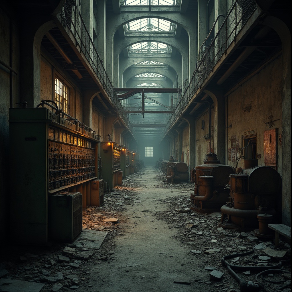 Prompt: Industrial area, abandoned factory, rusty machinery, worn concrete walls, metal pipes, dim lighting, dusty air, old control panels, broken windows, chain-link fence, barbed wire, urban decay, post-apocalyptic atmosphere, dramatic shadows, warm color tone, cinematic composition, low-angle shot, symmetrical framing.