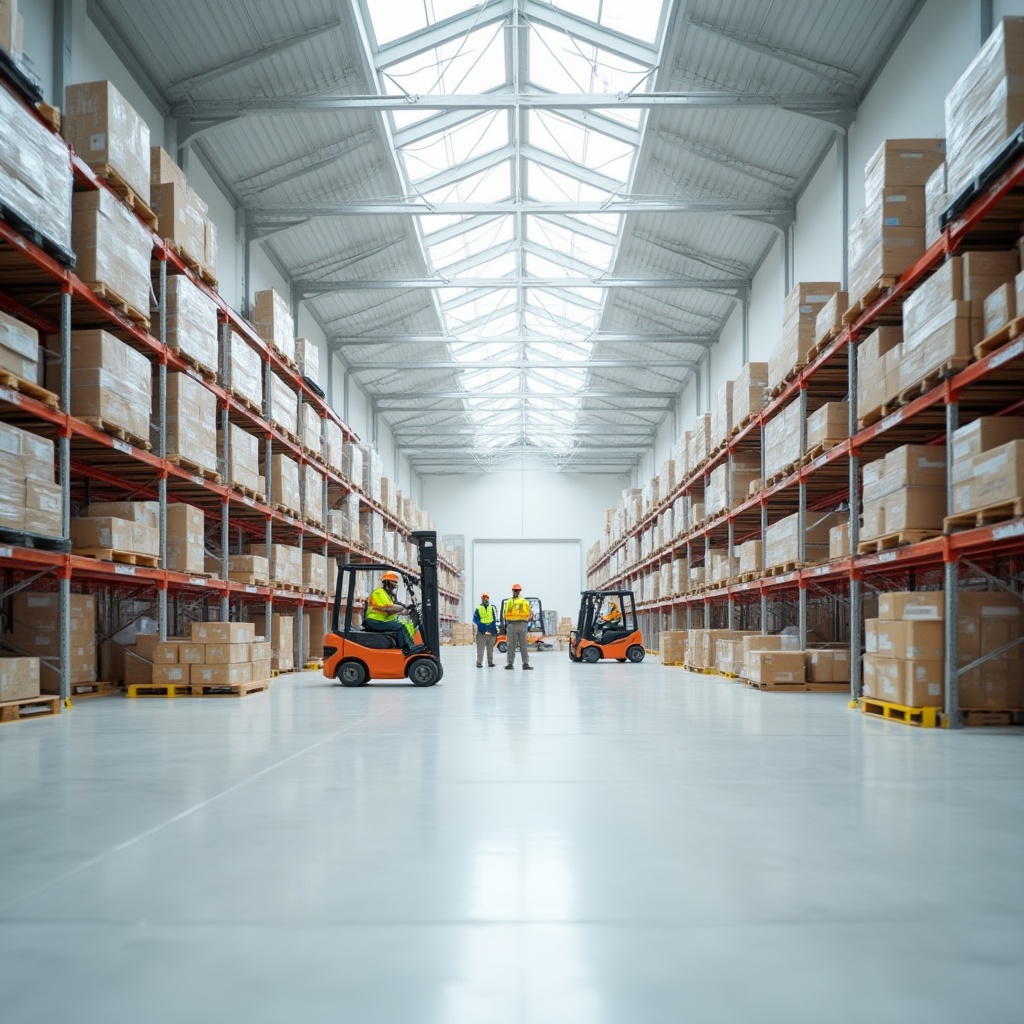 Prompt: Industrial distribution center, white walls, high ceiling, fluorescent lighting, minimalist decor, organized shelves, steel racks, boxes stacked, forklifts moving, workers in uniforms, safety helmets, reflective vests, white floors, epoxy coating, clean and modern atmosphere, natural light pouring through skylights, 3/4 composition, softbox lighting, shallow depth of field.