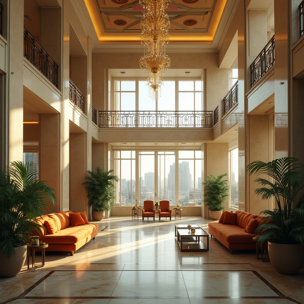 Prompt: Lavish hospital interior, Art Deco style, incorporating limestone walls, columns, and flooring, grand staircase with ornate metal railing, elegant chandelier, luxurious waiting area, plush velvet sofas, marble coffee tables, exotic plants, floor-to-ceiling windows, panoramic city view, warm afternoon sunlight, subtle ambient lighting, 3/4 composition, shallow depth of field, realistic textures.