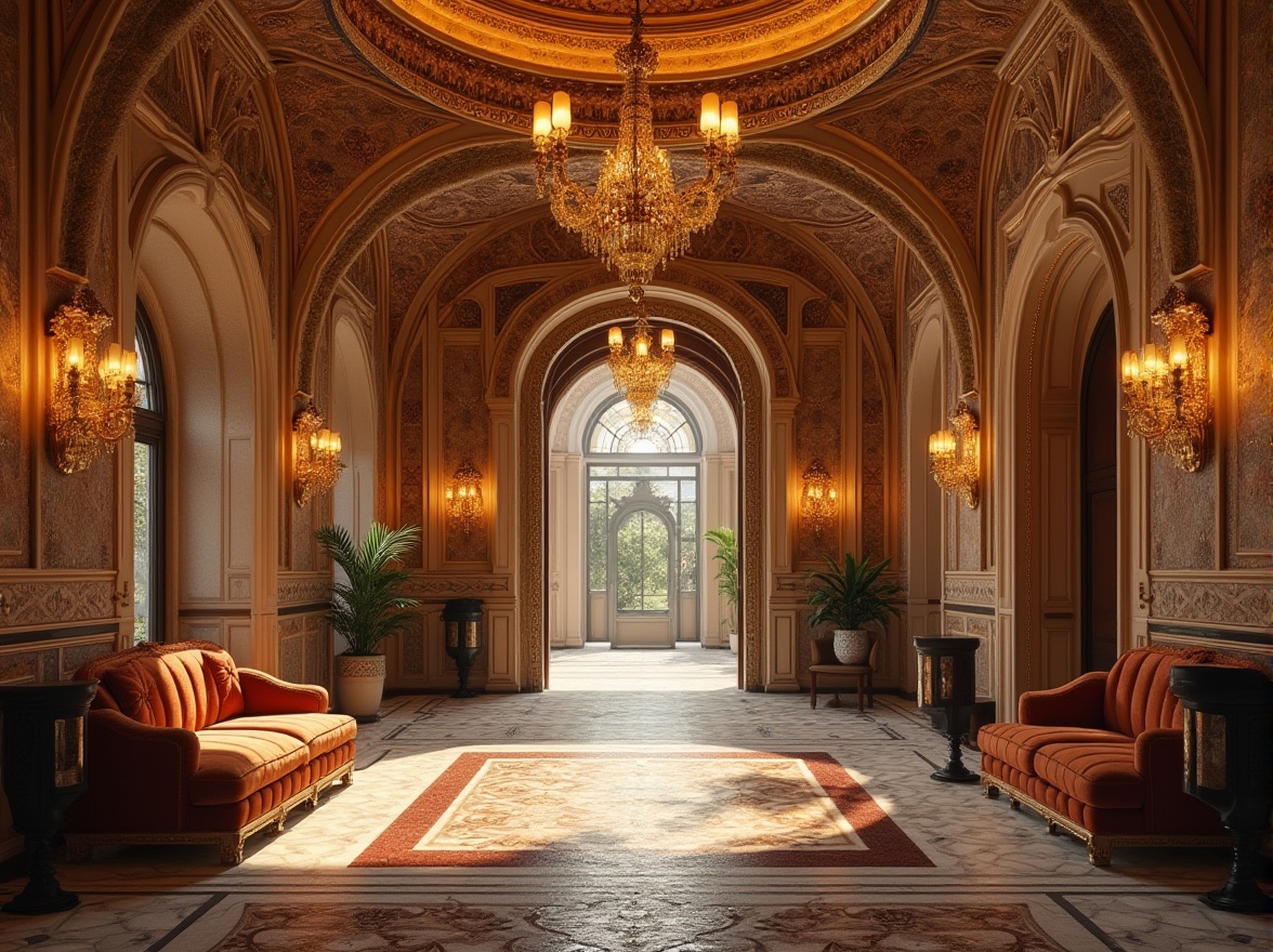 Prompt: Luxurious Byzantine hotel, grand entrance, intricate mosaic walls, ornate golden chandeliers, lavish furnishings, Lavacrete material incorporated into walls, floors, and ceilings, elegant arches, majestic domed roof, warm ambient lighting, soft shadows, rich textures, opulent fabrics, regal atmosphere, 3/4 composition, cinematic angle, warm color palette.