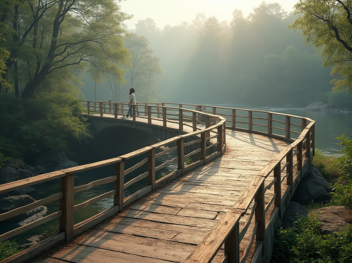 Prompt: Rammed earth pedestrian bridge, modern design, sleek lines, natural materials, rustic texture, curved shape, gentle slope, wooden railings, metal accents, lush greenery surroundings, riverbank, forest, misty morning, soft diffused light, 3/4 composition, shallow depth of field, vibrant colors, serene atmosphere, peaceful ambiance.