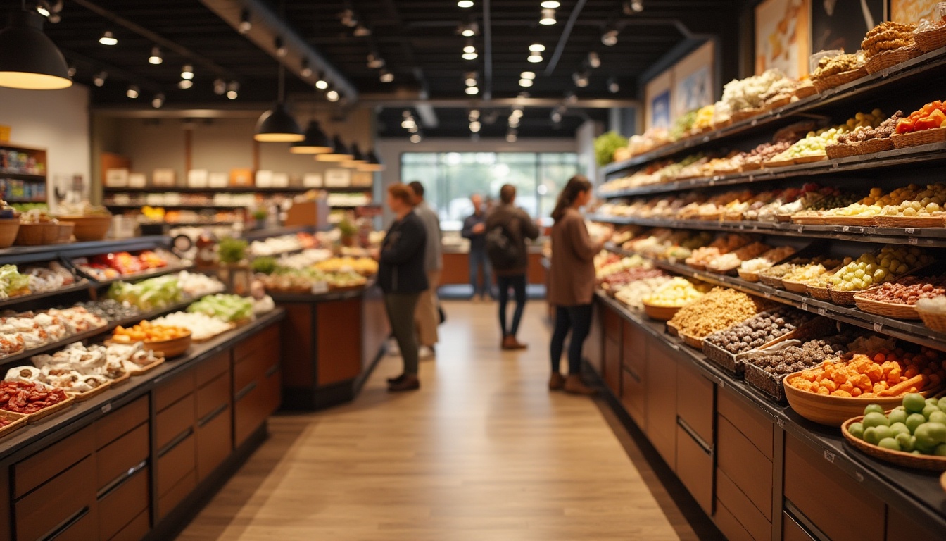 Prompt: Brown chocolate color palette, modern grocery store interior, high shelves, rows of food products, baskets, shopping carts, wooden floor, warm lighting, cozy atmosphere, customers browsing, blurred background, depth of field, realistic, still life composition, 3/4 view, shallow focus.