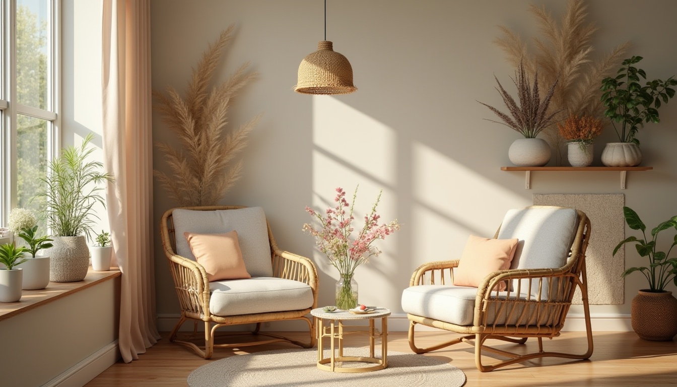 Prompt: Harmonious interior space, meadow elements, natural ambiance, wooden floorboards, woven wicker furniture, soft cushioning, floral patterns, pastel colors, vase with wildflowers, rattan pendant lamp, plants on shelves, earthy tone walls, warm lighting, cozy atmosphere, serene composition, 3/4 view, shallow depth of field, realistic rendering.