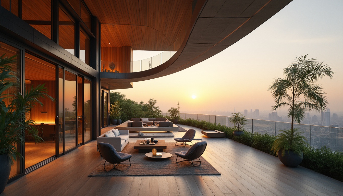 Prompt: Modern penthouse, streamline architecture, incorporating bamboo material, luxurious interior design, sleek lines, minimal ornamentation, large windows, cityscape view, metropolitan skyline, sunset lighting, warm ambient glow, 3/4 composition, shallow depth of field, focus on bamboo accents, natural texture, organic feel, eco-friendly, sustainable living, urban oasis, rooftop garden, lush greenery, wooden floors, low-profile furniture, spacious open-plan living area, panoramic view.