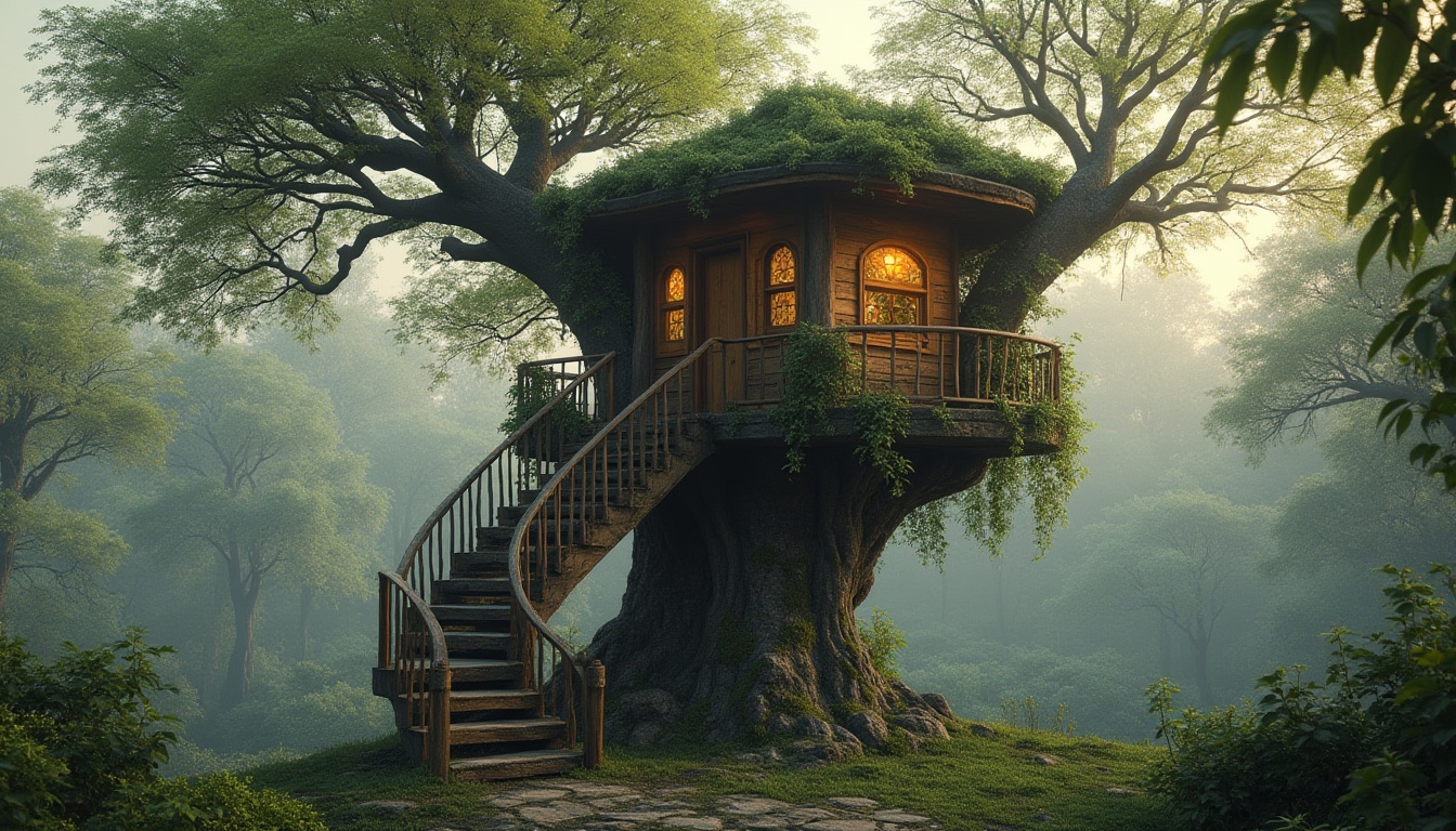 Prompt: Watching tower, natural integration, blend with surroundings, tree branches supporting structure, leaves covering roof, vines entwined around pillars, wooden texture, earthy tone, moss growing on walls, curved lines mimicking nature, organic shapes, eco-friendly materials, surrounded by forest, misty morning atmosphere, soft warm lighting, 3/4 composition, panoramic view.