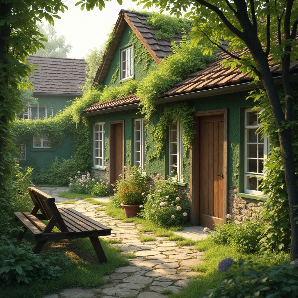 Prompt: Rural social housing, moss green exterior walls, wooden doors, white windows, clay roof tiles, surrounded by lush greenery, wildflowers blooming, overgrown gardens, rustic benches, natural stone pathways, serene atmosphere, warm sunlight filtering through tree branches, soft shadows on walls, 3/4 composition, gentle bokeh effect, earthy tone, realistic texture, peaceful ambiance, early afternoon lighting.