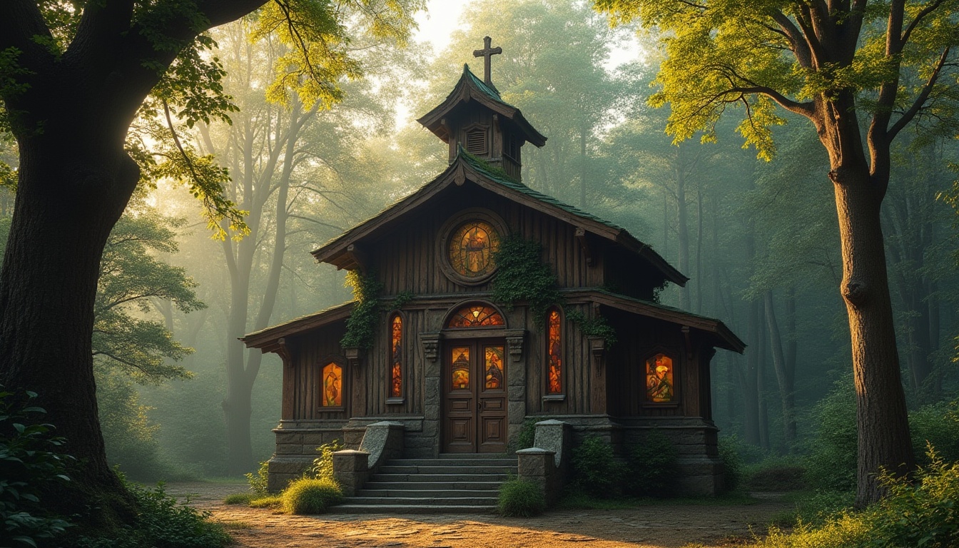 Prompt: Rustic wooden church, surrounded by tall trees, forest scenery, misty morning, warm sunlight filtering through leafy canopies, vines crawling up stone walls, stained glass windows depicting nature scenes, intricately carved wooden doors, moss-covered roof, bell tower, tranquil atmosphere, peaceful ambiance, natural materials, earth tones, serene composition, soft lighting, cinematic depth of field.