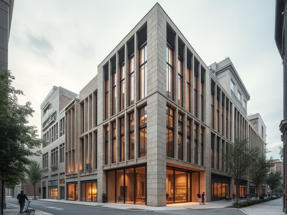 Prompt: Gainsboro stone building, modern architecture, sleek lines, minimalist design, urban cityscape, daytime, cloudy sky, subtle warm lighting, neutral color palette, beige stone walls, large glass windows, steel frames, simple landscaping, few pedestrians, quiet atmosphere, shallow depth of field, 3/4 composition, softbox lighting.