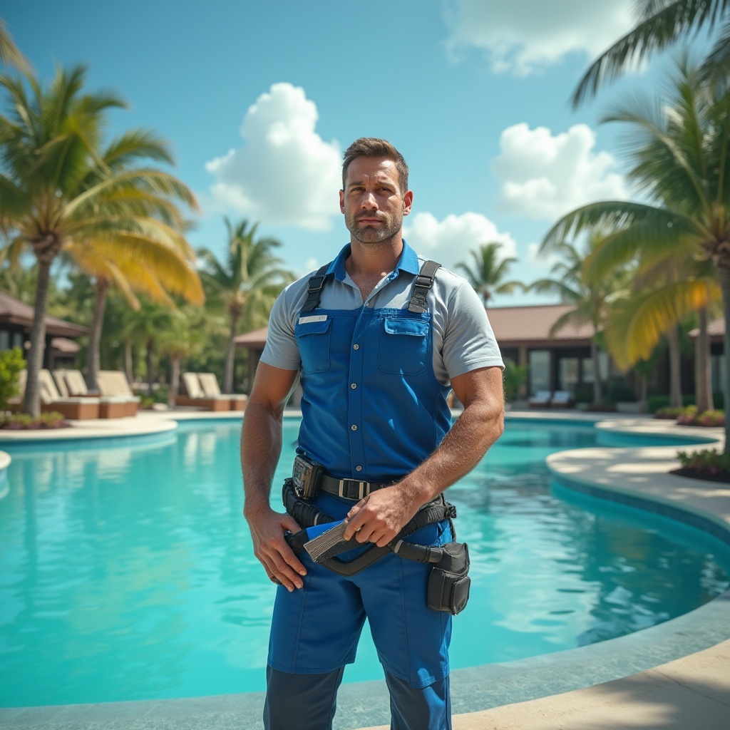 Prompt: Maintenance tips illustration, pool maintenance expert, muscular man, 30s, blue uniform, tools in hand, standing near Chukum Pool, clear turquoise water, outdoor tropical setting, palm trees surrounding, sunny day, few puffy white clouds, shallow depth of field, warm ambient lighting, slight reflection on the water surface.