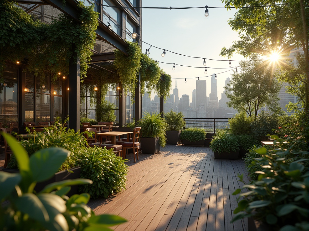 Prompt: Urban community space, green architecture, rooftop bar, lush foliage, vibrant plants, wooden decking, steel beams, modern lighting fixtures, comfortable seating areas, city skyline view, skyscrapers in background, sunny afternoon, warm atmosphere, 3/4 composition, soft focus on foreground, shallow depth of field, natural texture, earthy tone.