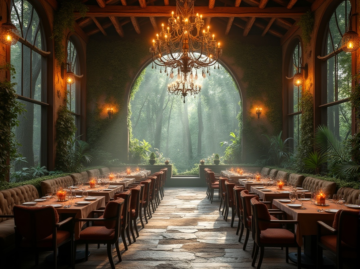 Prompt: Forest-inspired dining hall ambiance, grand chandelier, wooden tables, comfortable cushioned chairs, greenery walls, vines crawling up pillars, soft warm lighting, misty atmosphere, large windows overlooking forest, sunlight filtering through trees, natural stone floor, wooden beams ceiling, rustic metal lanterns, earthy color palette, cozy corner nooks, plush area rugs, lush potted plants, forest-inspired artwork, nature sounds ambiance, warm candlelight, 3/4 composition, soft focus, cinematic lighting.