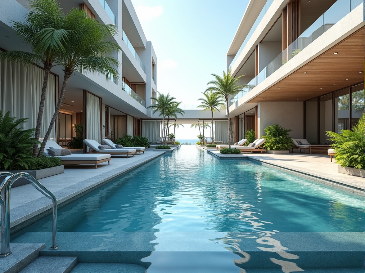 Prompt: Chukum material, pool interior, modern design, rectangular shape, blue water, sunken ledge, stairs, chrome railings, luxurious atmosphere, resort hotel, tropical plants, palm trees, sunny day, clear sky, soft natural light, detailed textures, realistic rendering, high-end architecture, ambient occlusion.