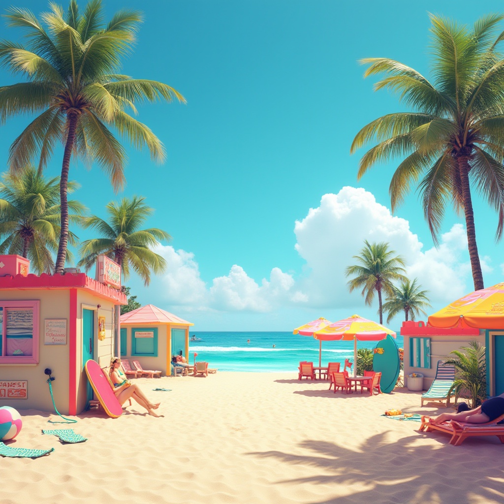 Prompt: Vibrant beach scene, heliotrope color scheme, warm sunny day, clear blue sky, fluffy white clouds, palm trees swaying gently, sandy dunes, beach huts with colorful umbrellas, surfboards and beach balls scattered around, a few people relaxing or playing in the distance, heliotrope-colored beach towels and inflatables, bold and bright heliotrope accents on lifeguard towers, 3/4 composition, low-angle shot, warm soft lighting, shallow depth of field, cinematic feel, summer vacation vibe.