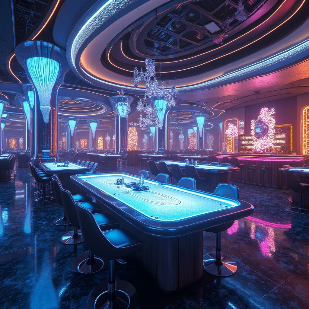 Prompt: Futuristic casino interior, high-tech ambiance, innovative plasticrete structures, iridescent LED lights, holographic displays, sleek glass tables, metallic accents, luxurious velvet carpets, VIP lounge area, private gaming rooms, avant-garde chandeliers, neon-lit bars, abstract sculptures, geometric patterns on walls and floors, dramatic spotlights, cinematic smoke effects, 3/4 composition, low-angle shot, shallow depth of field, vibrant color palette, glossy reflections.