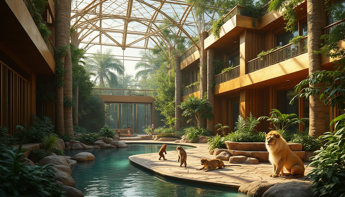 Prompt: Bronze accents, zoo architecture, modern, sleek, geometric shapes, large bronze gates, intricate patterns, textured walls, natural light, tropical plants, lush greenery, wooden bridges, water features, majestic lions, playful monkeys, vibrant parrots, sunny day, warm lighting, 3/4 composition, shallow depth of field.