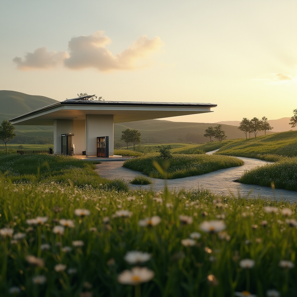 Prompt: Gas station, modern architecture, integrating natural elements, grassland, rolling hills, green roof, solar panels, sleek lines, metallic materials, minimalist aesthetic, evening sunset, warm lighting, distant trees, wildflowers blooming, gentle breeze, serene atmosphere, 3/4 composition, shallow depth of field.