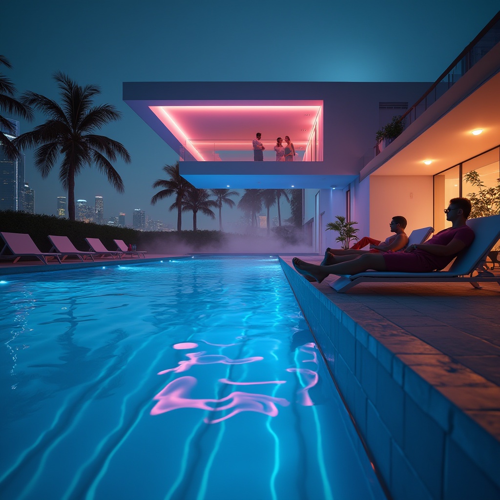 Prompt: Modern swimming pool, metabolism style, futuristic architecture, sleek lines, neon lights, vibrant colors, urban atmosphere, cityscape background, night scene, dramatic lighting, misty ambiance, people relaxing, lounging on deck chairs, stylish swimwear, sunglasses, athletic build, muscular arms, toned legs, water ripples, reflection of light on pool surface, calm atmosphere, 3/4 composition, soft focus, shallow depth of field.